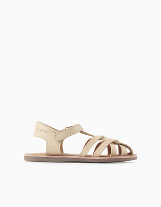 Leather fisherman sandals with crossed straps for girls, beige