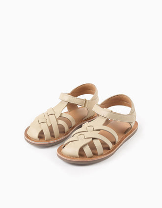 Leather fisherman sandals with crossed straps for girls, beige
