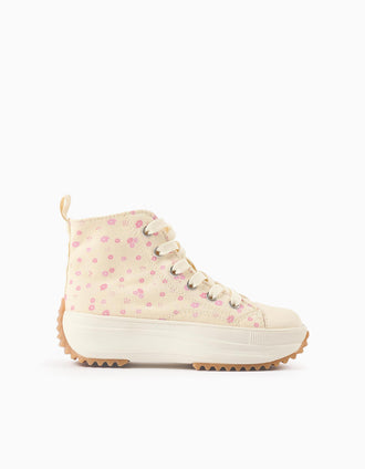 High-top trainers in canvas with floral motif for girls, white