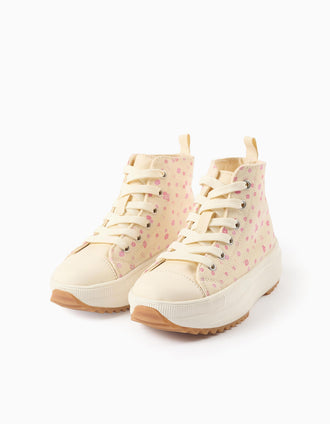 High-top trainers in canvas with floral motif for girls, white