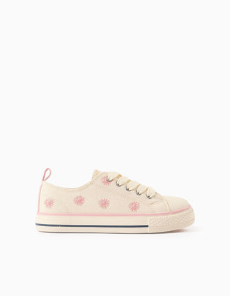 Canvas trainers with embroidered floral motif for girls, light beige