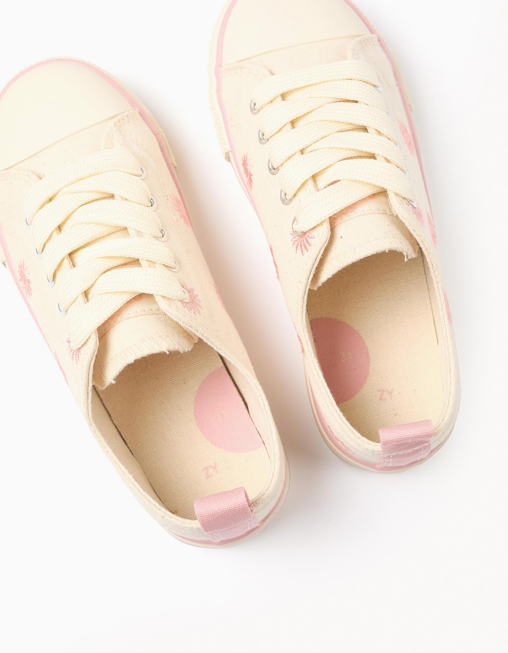 Zapatillas deportivas de tela con flores bordadas para niña, beige claro