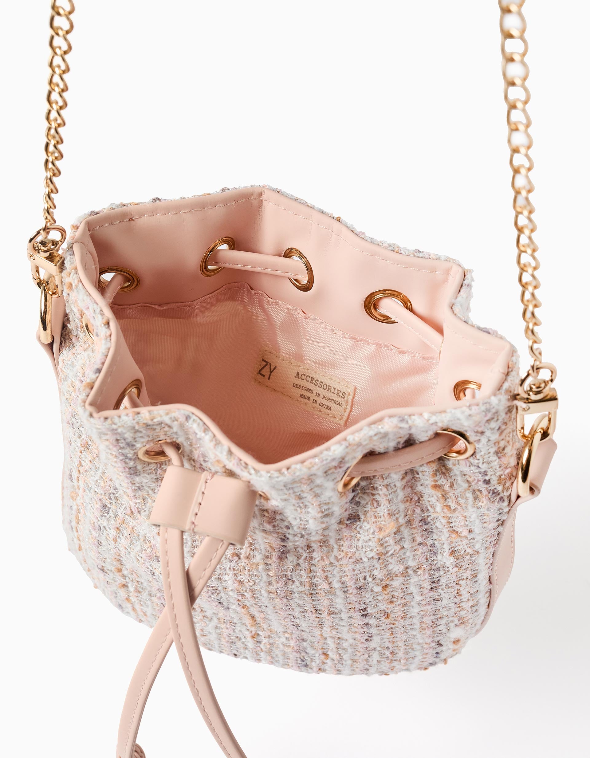 Tweed bucket bag for girls, pink