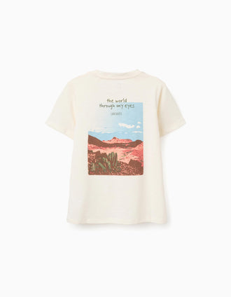 Cotton T-shirt with Lanzarote prints for boys, light beige