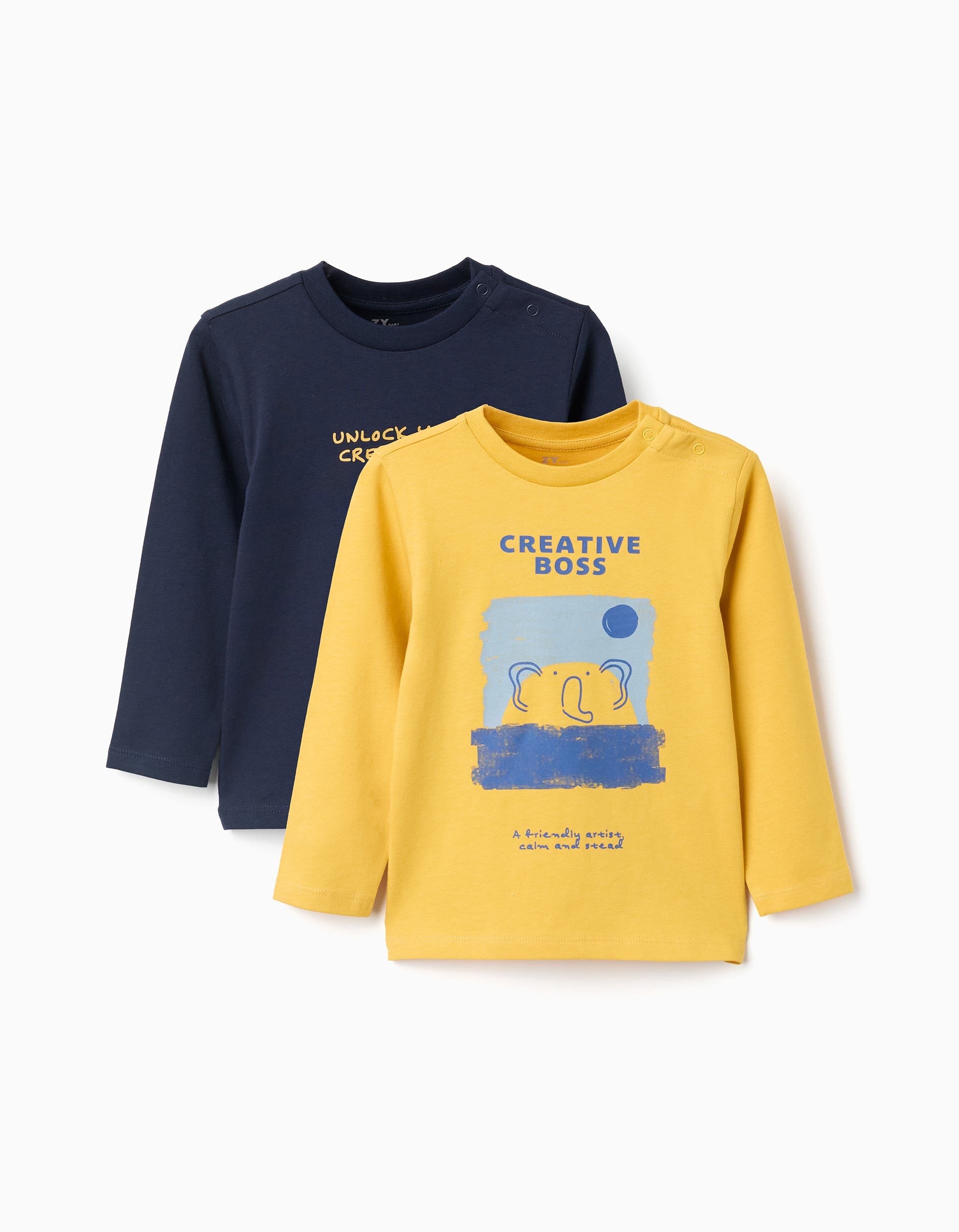 2 T-shirts à manches longues avec imprimés pour bébé garçon, jaune/bleu