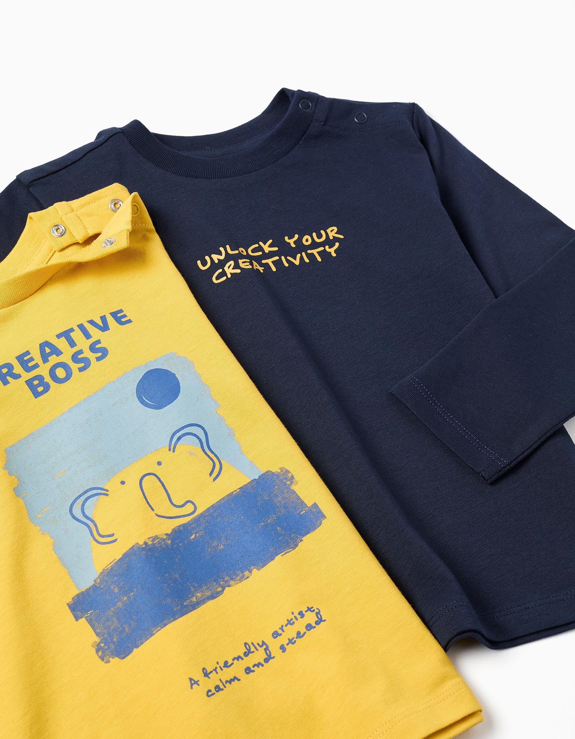 2 T-shirts à manches longues avec imprimés pour bébé garçon, jaune/bleu