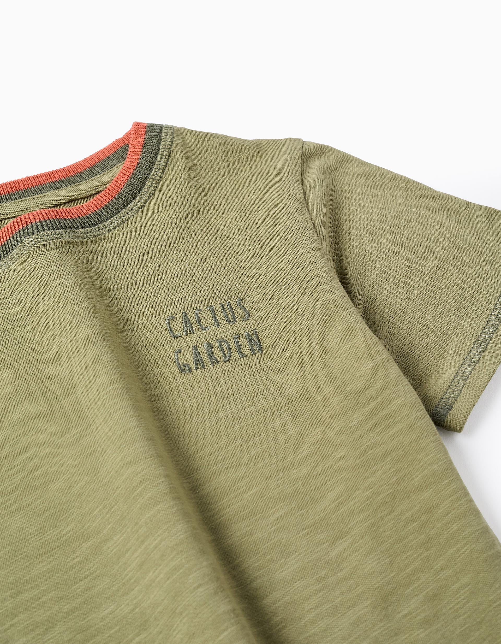 Cotton T-shirt with Cactus Garden embroidery for boys, dark green