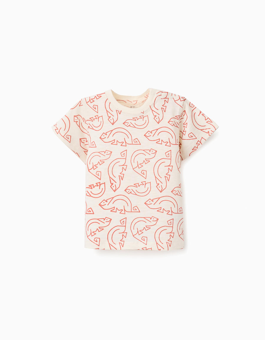 Cotton T-shirt with chameleon motif for baby boys, light beige/orange