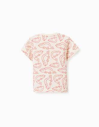 Cotton T-shirt with chameleon motif for baby boys, light beige/orange