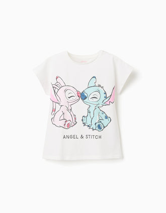 Cotton T-shirt with Stitch and Angel print for girls, white