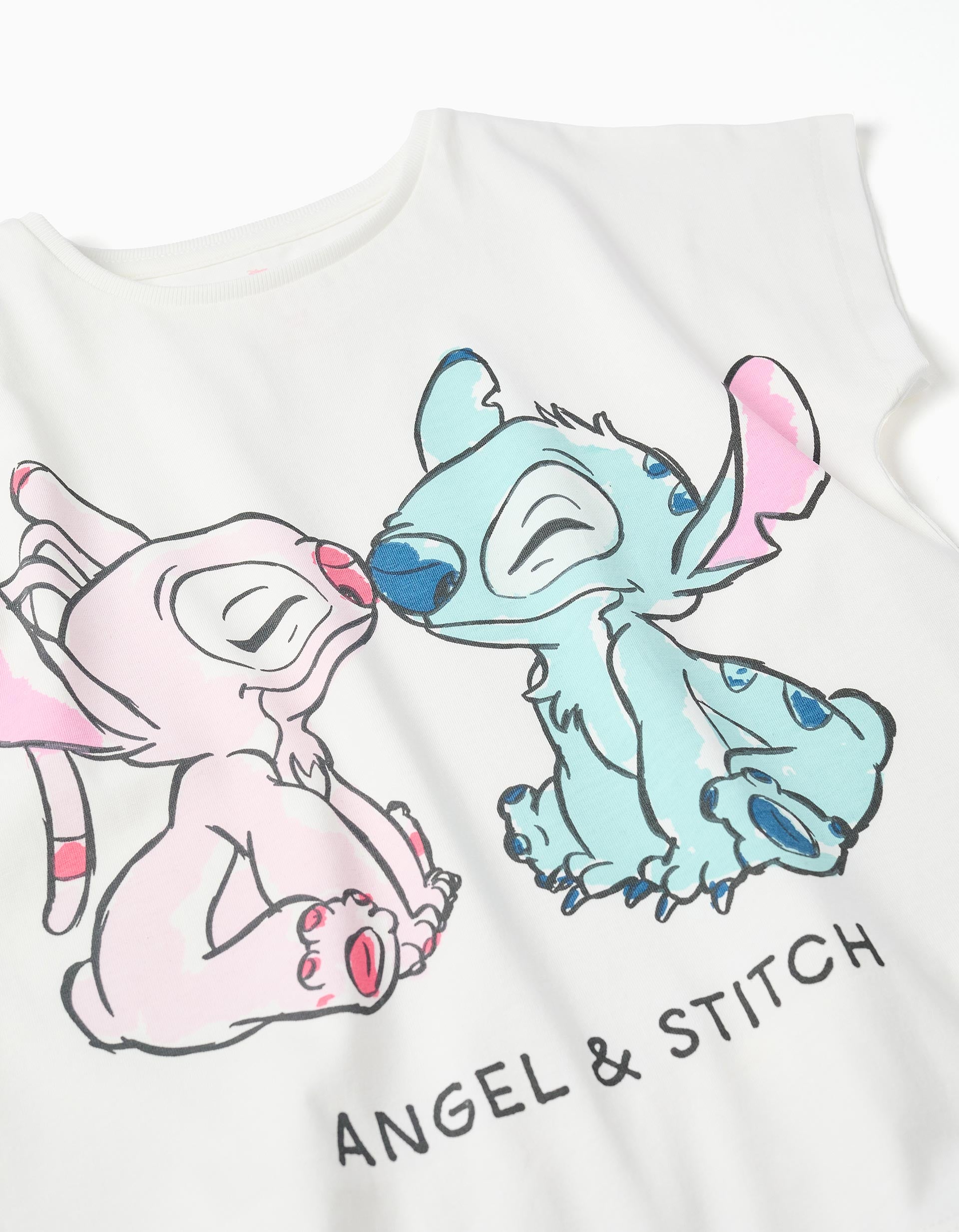 T-shirt de algodão com estampado Stitch e Angel para menina, branco