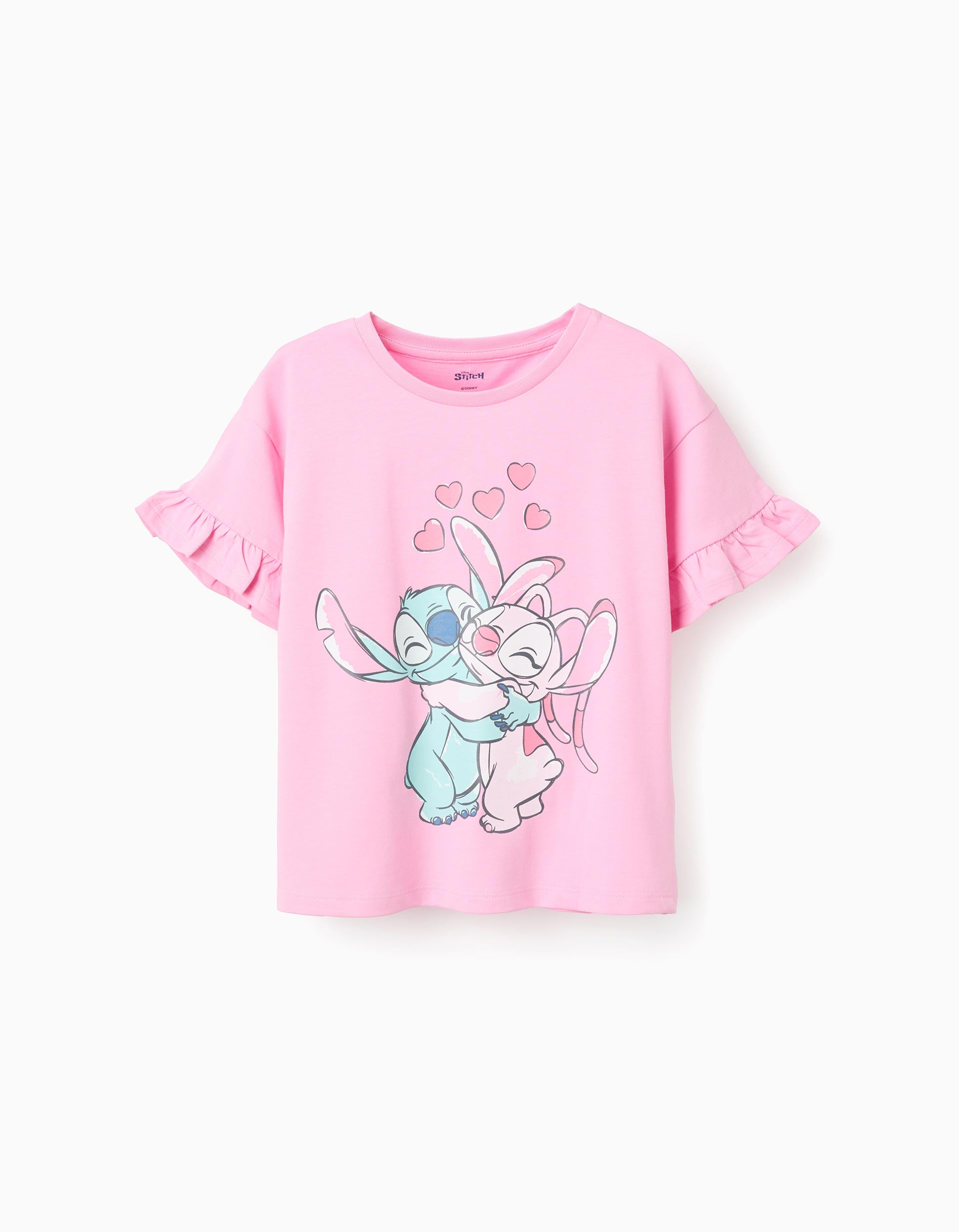T-shirt de algodão com estampado do Stitch e Angel para menina, rosa