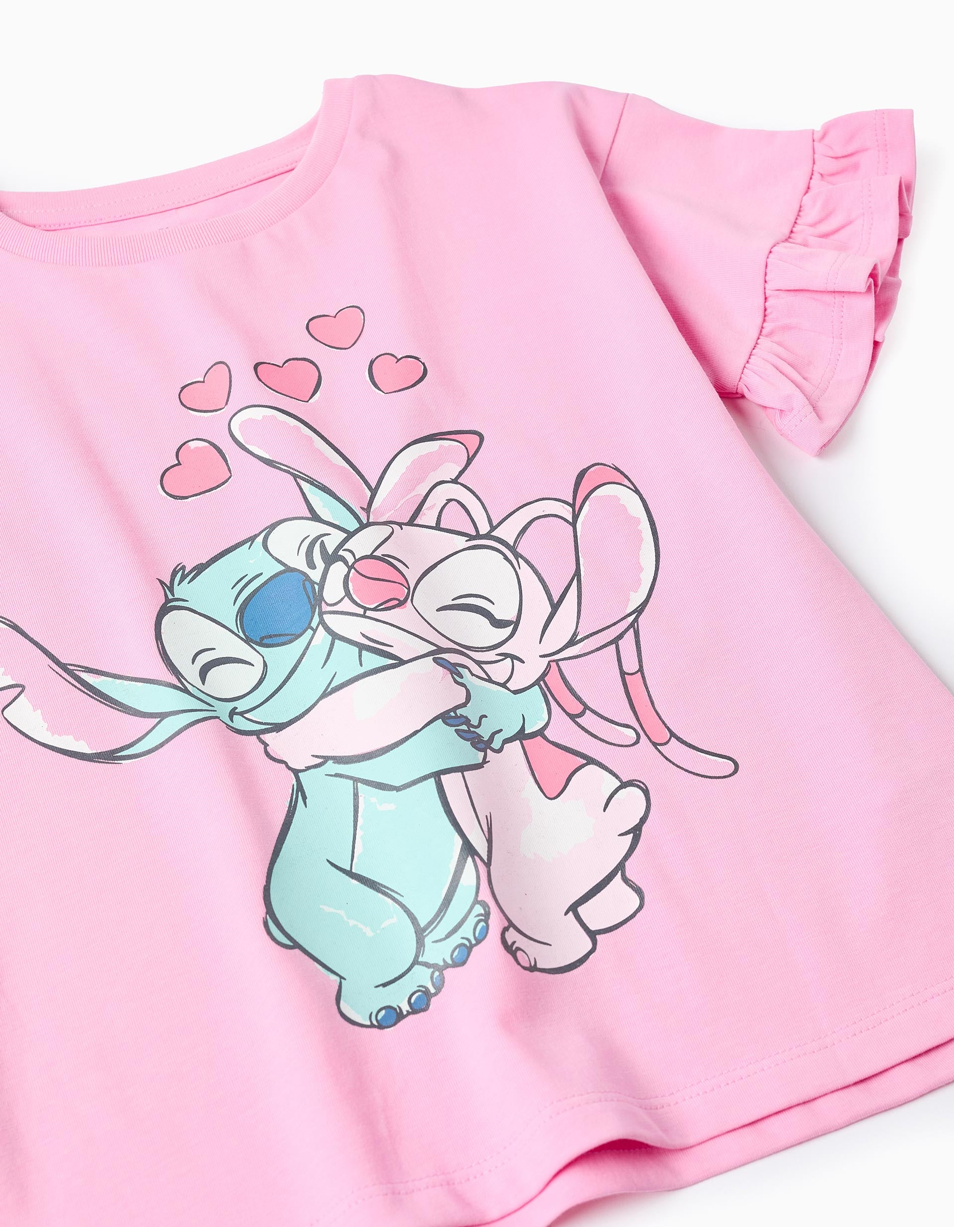 T-shirt de algodão com estampado do Stitch e Angel para menina, rosa