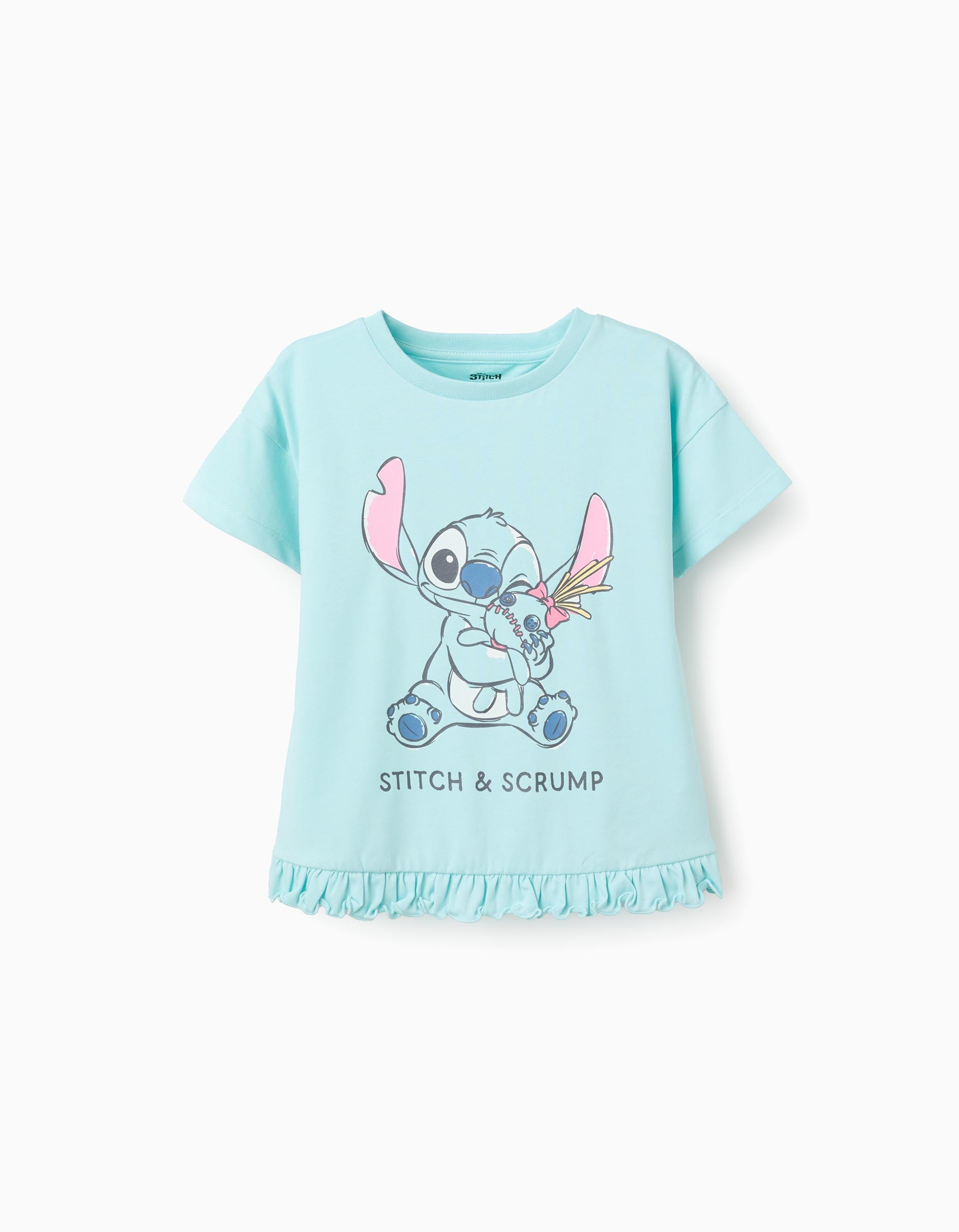 T-shirt de algodão com estampado Stitch e Scrump para menina, azul-claro