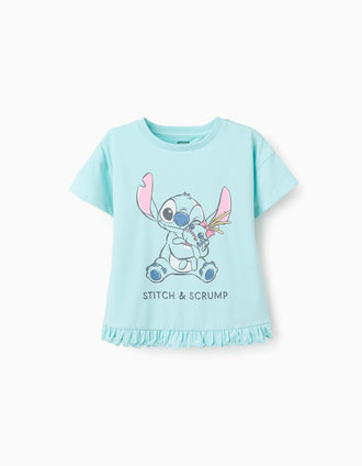 Cotton T-shirt with Stitch and Scrump print for girls, light blue