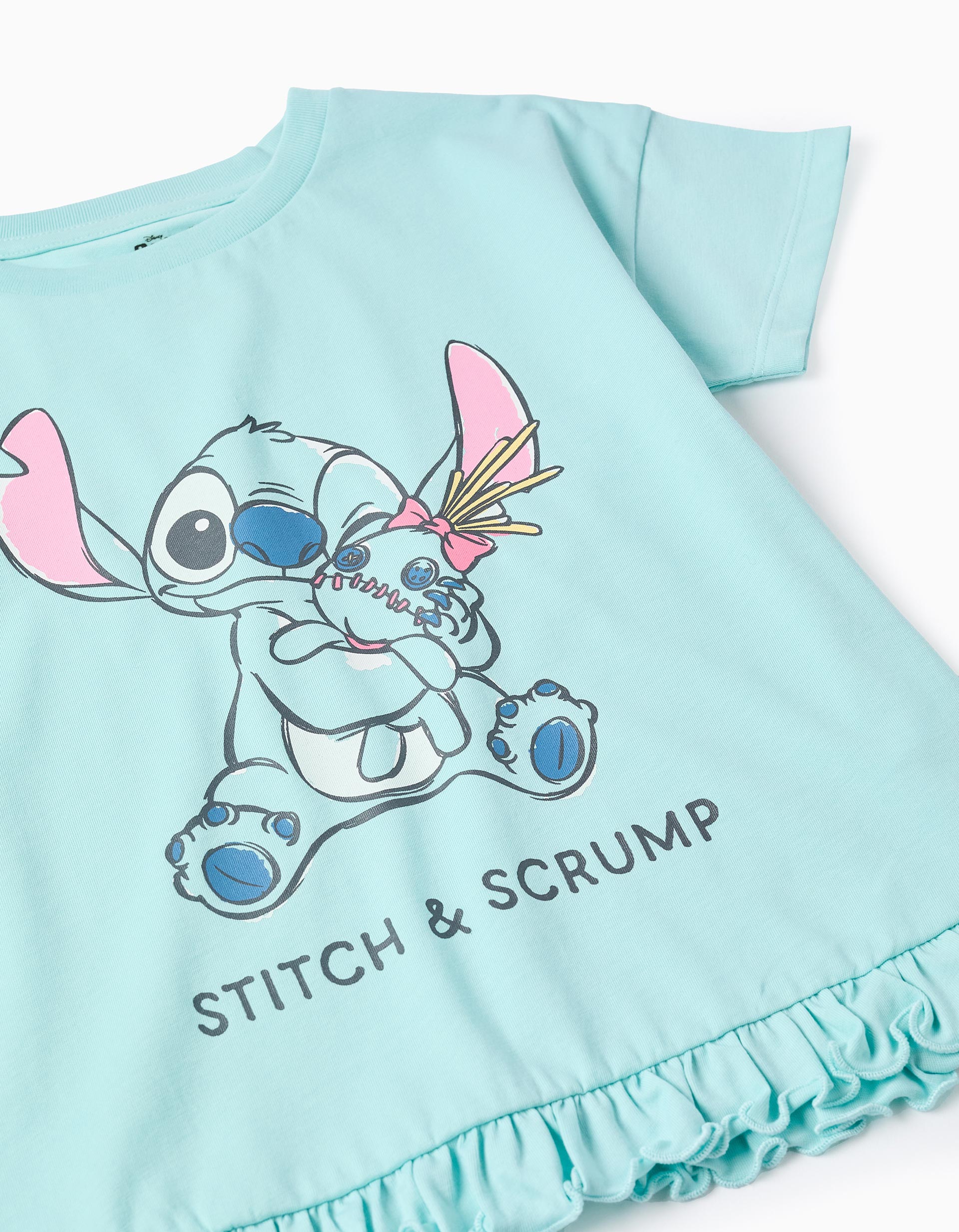 T-shirt de algodão com estampado Stitch e Scrump para menina, azul-claro