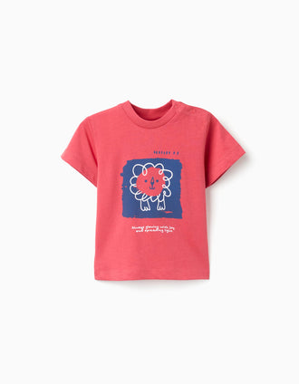 Cotton T-shirt with lion front print for baby boys, red/blue