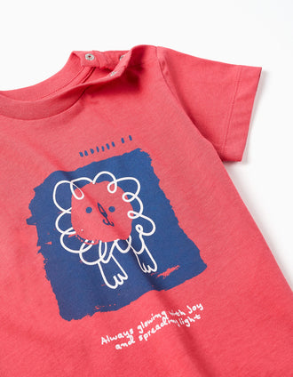 Cotton T-shirt with lion front print for baby boys, red/blue