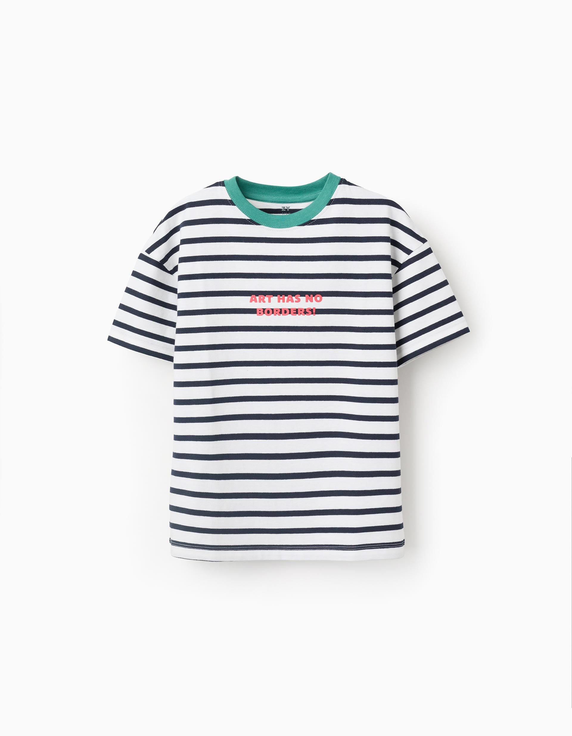 T-shirt en coton à rayures et imprimé pour garçon, blanc/bleu/vert