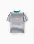 Striped cotton T-shirt with print for boys, white/blue/green