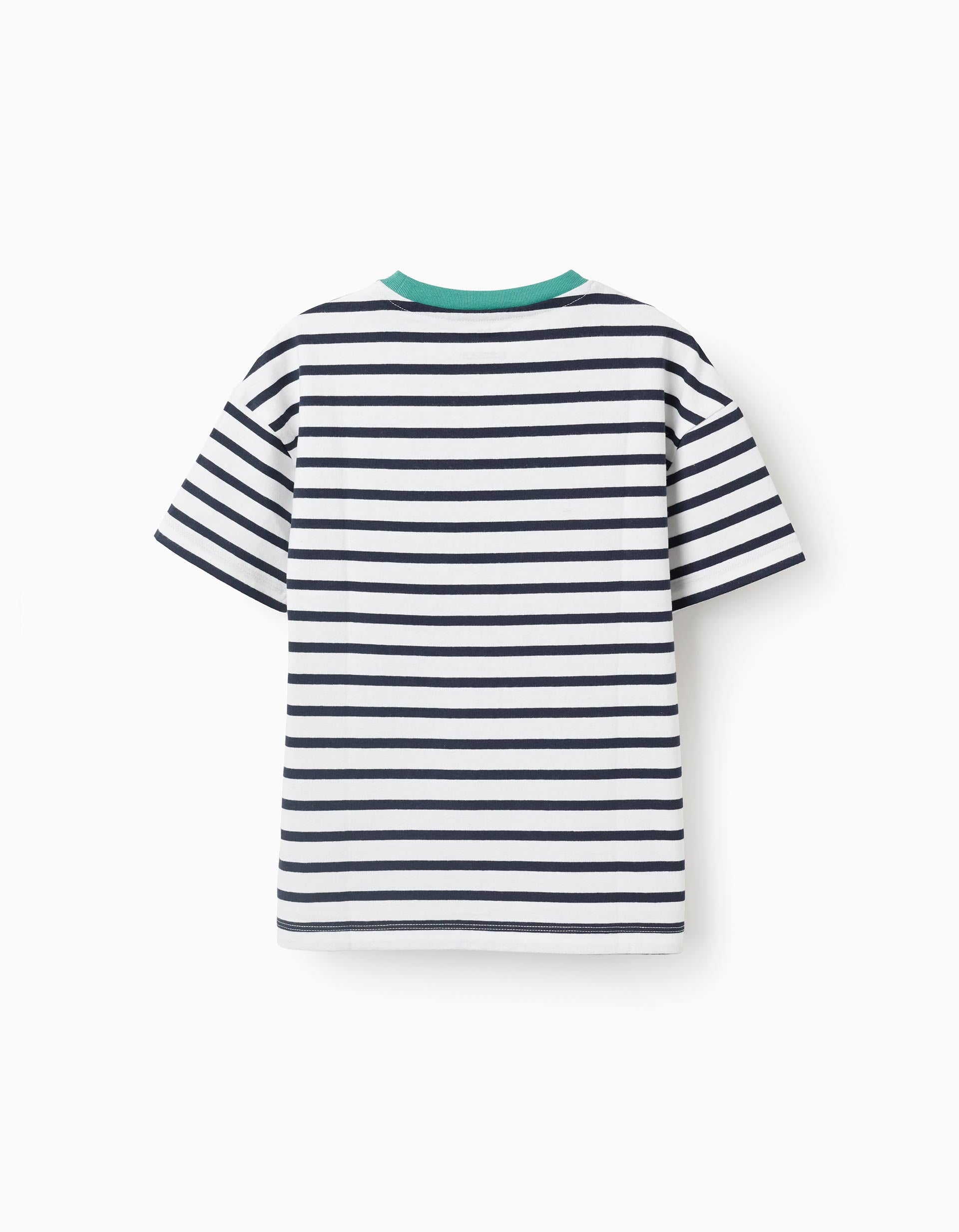 T-shirt en coton à rayures et imprimé pour garçon, blanc/bleu/vert