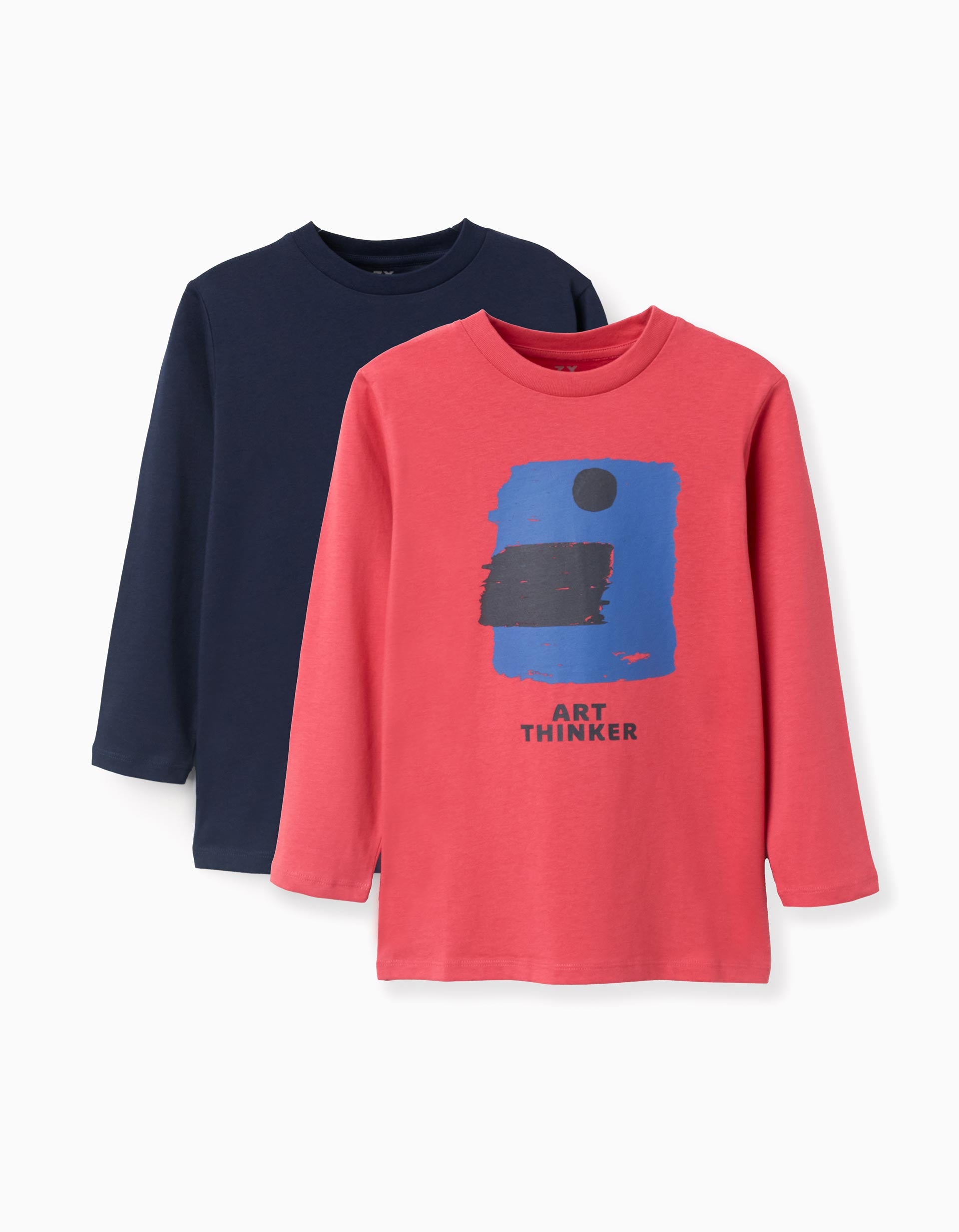 2 T-shirts à manches longues et imprimés pour garçon, bleu foncé/rouge