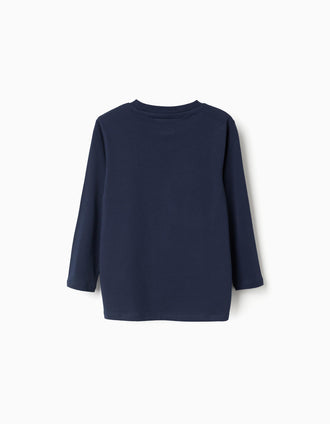 Pack of 2 long sleeve cotton T-shirts with prints for boys, dark blue/red