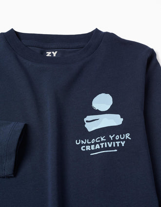 Pack of 2 long sleeve cotton T-shirts with prints for boys, dark blue/red