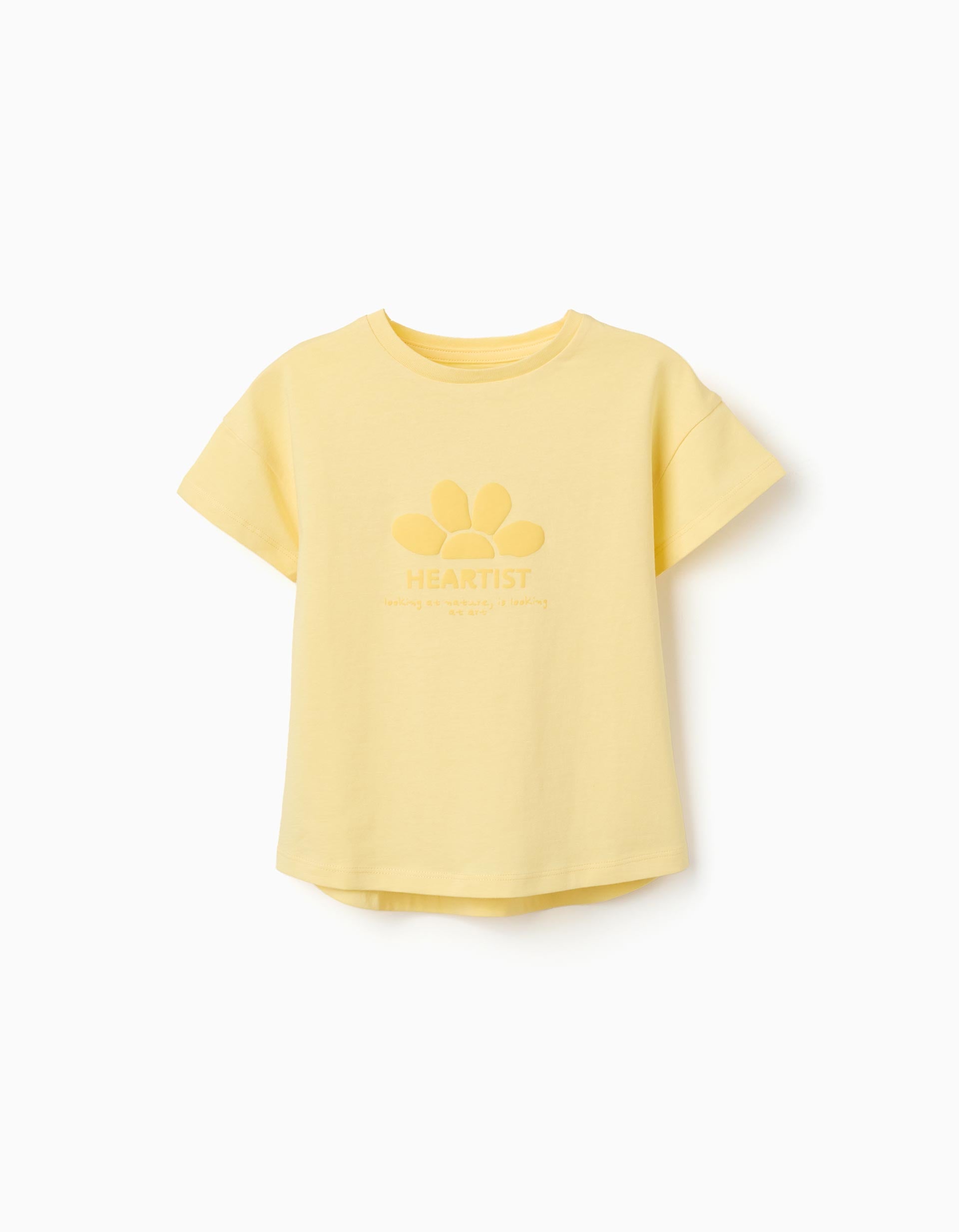 T-shirt en coton avec imprimé en relief à l'avant pour fille, jaune