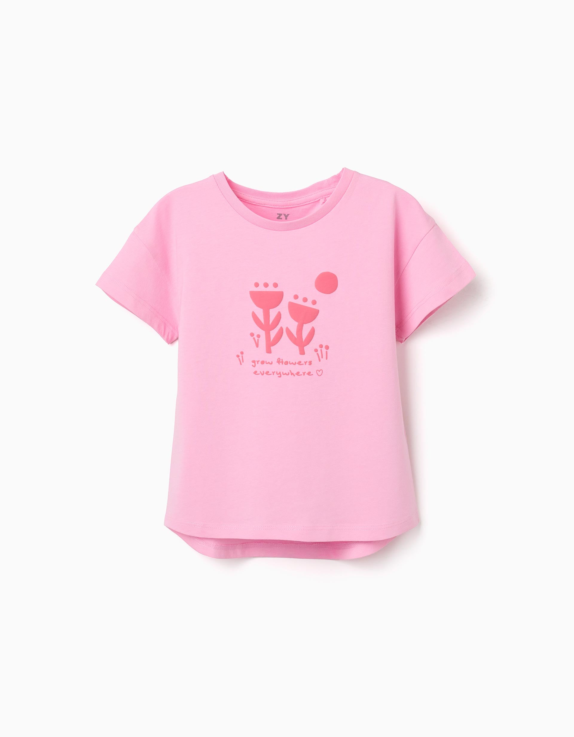 T-shirt en coton avec imprimé floral en relief pour fille, rose