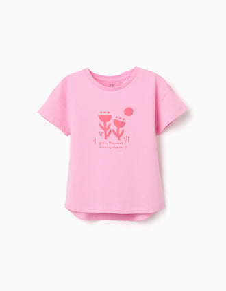 Camiseta de algodón con estampado floral en relieve para niña, rosa