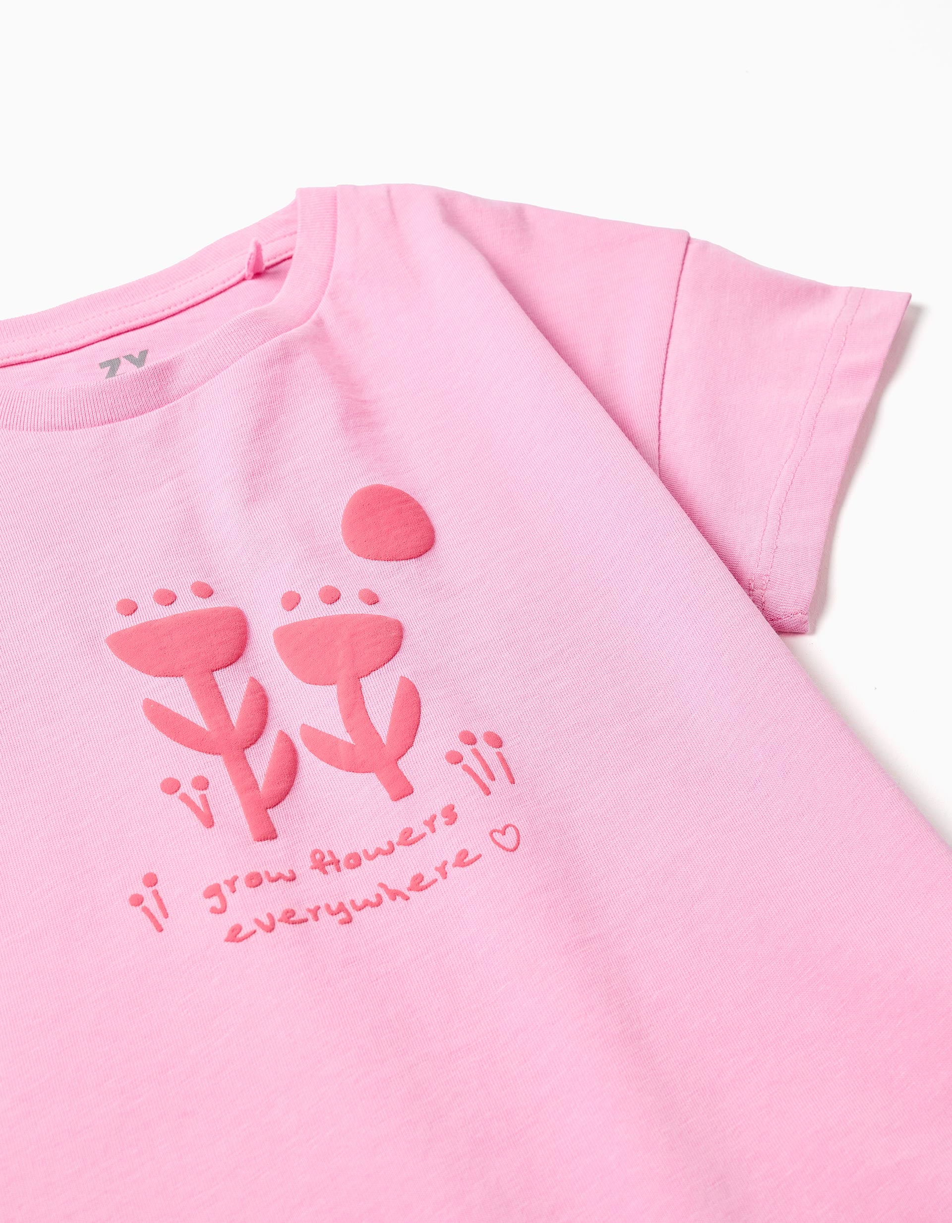 T-shirt en coton avec imprimé floral en relief pour fille, rose