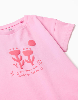 Camiseta de algodón con estampado floral en relieve para niña, rosa