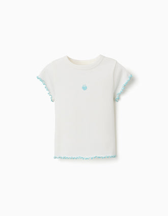 Ribbed T-shirt with wavy ends for girls, white/blue