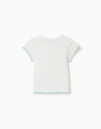 Ribbed T-shirt with wavy ends for girls, white/blue