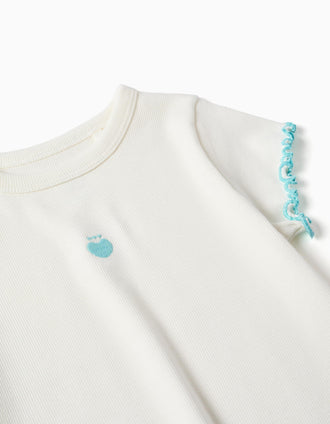 Ribbed T-shirt with wavy ends for girls, white/blue