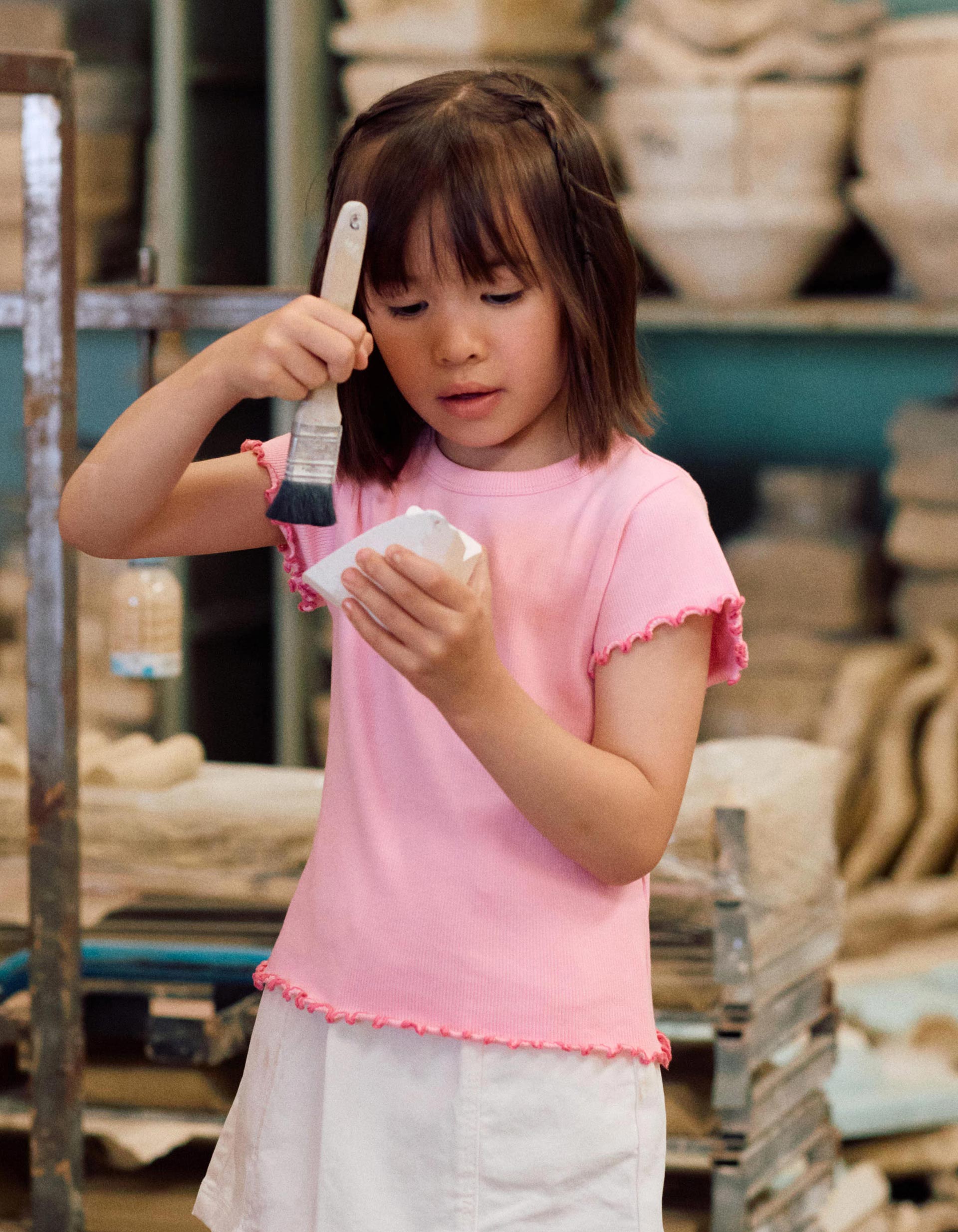 Cotton ribbed T-shirt with wavy ends for girls, pink
