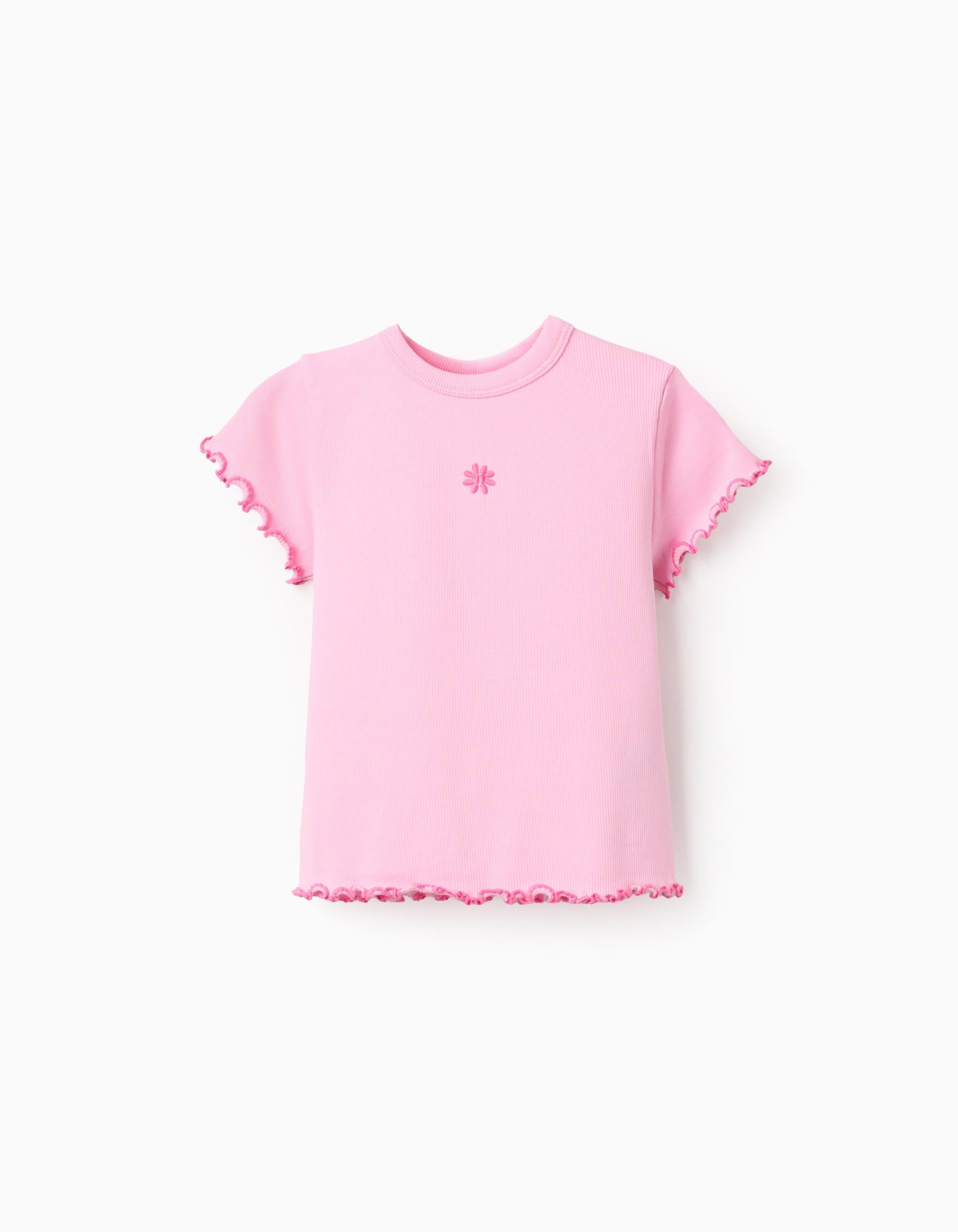 Cotton ribbed T-shirt with wavy ends for girls, pink