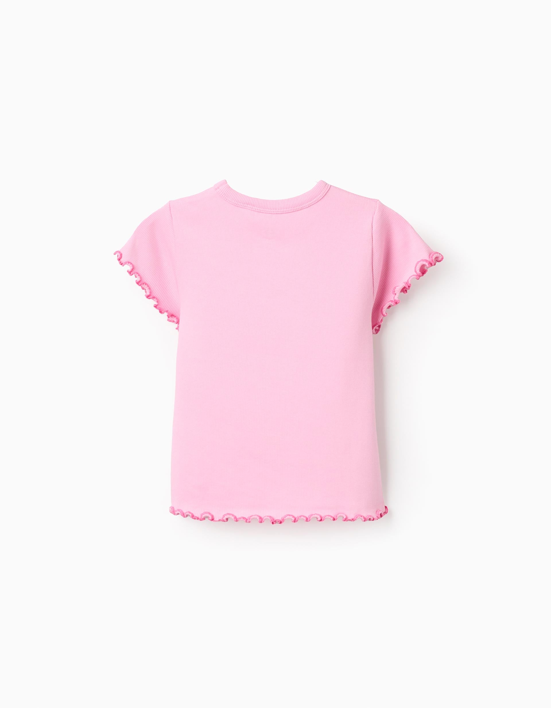 Cotton ribbed T-shirt with wavy ends for girls, pink