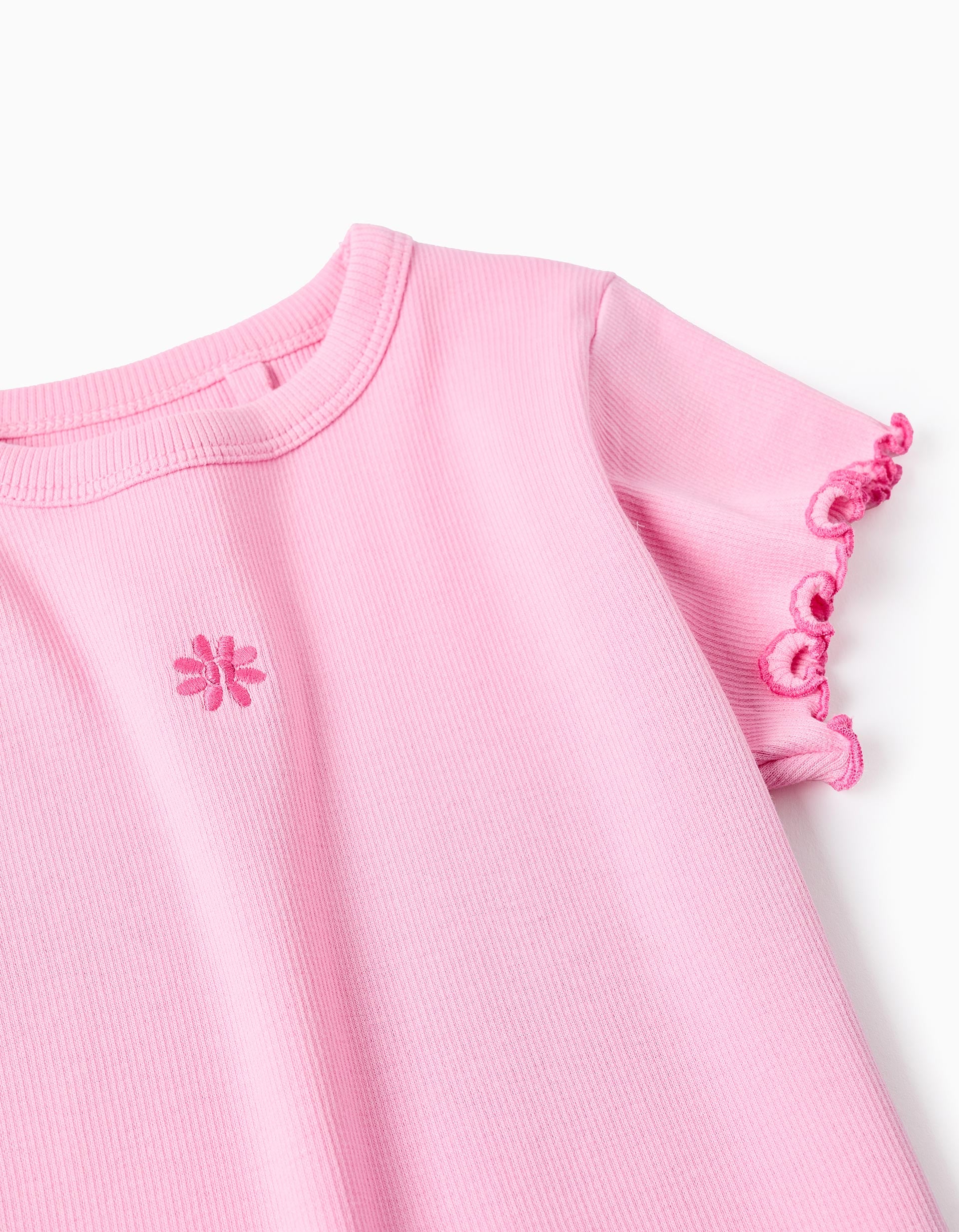 Cotton ribbed T-shirt with wavy ends for girls, pink