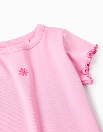 Cotton ribbed T-shirt with wavy ends for girls, pink