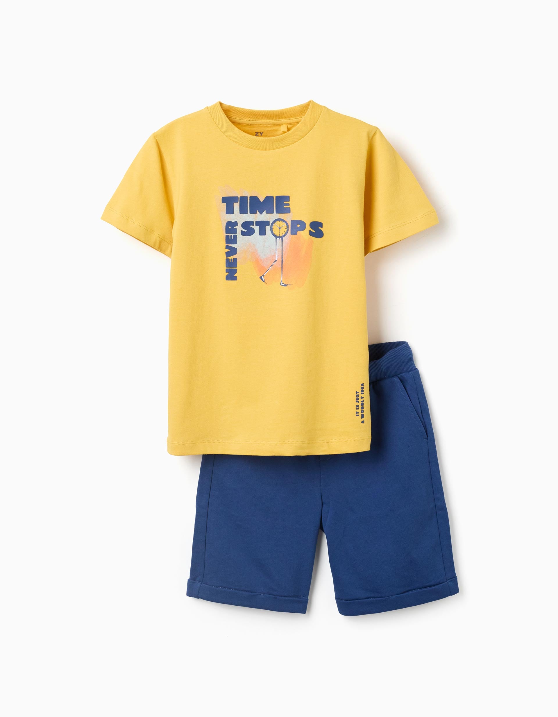 T-shirt e calções com estampado para menino, amarelo/azul-escuro