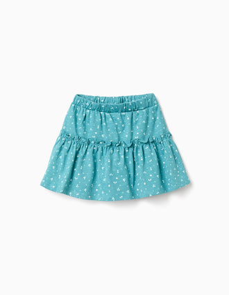 Cotton skort with floral motif and ruffles for girls, turquoise blue