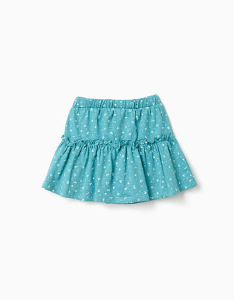 Cotton skort with floral motif and ruffles for girls, turquoise blue