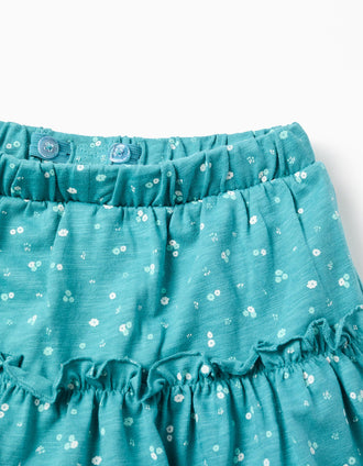 Cotton skort with floral motif and ruffles for girls, turquoise blue