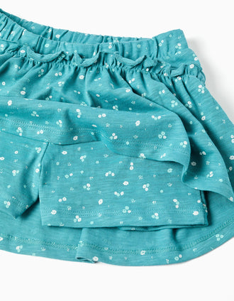 Cotton skort with floral motif and ruffles for girls, turquoise blue