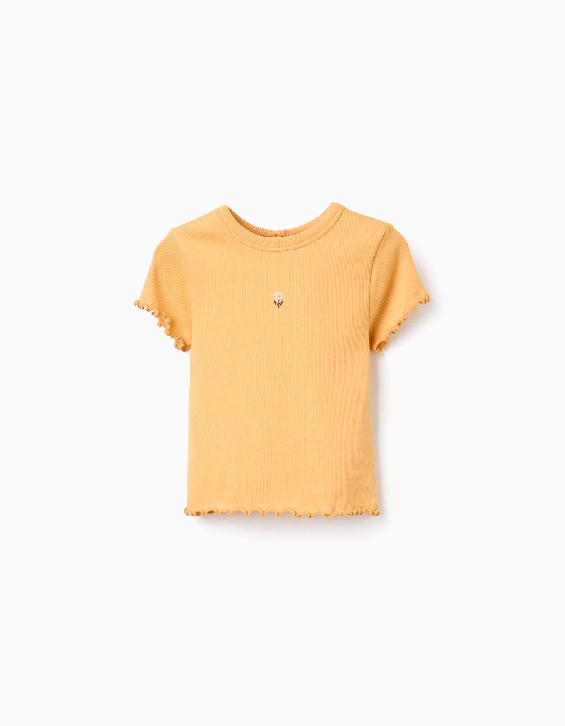 Ribbed T-shirt with embroidered flower for baby girls, orange
