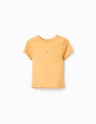 Camiseta acanalada con flor bordada para bebé niña, naranja