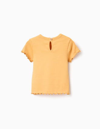 Camiseta acanalada con flor bordada para bebé niña, naranja