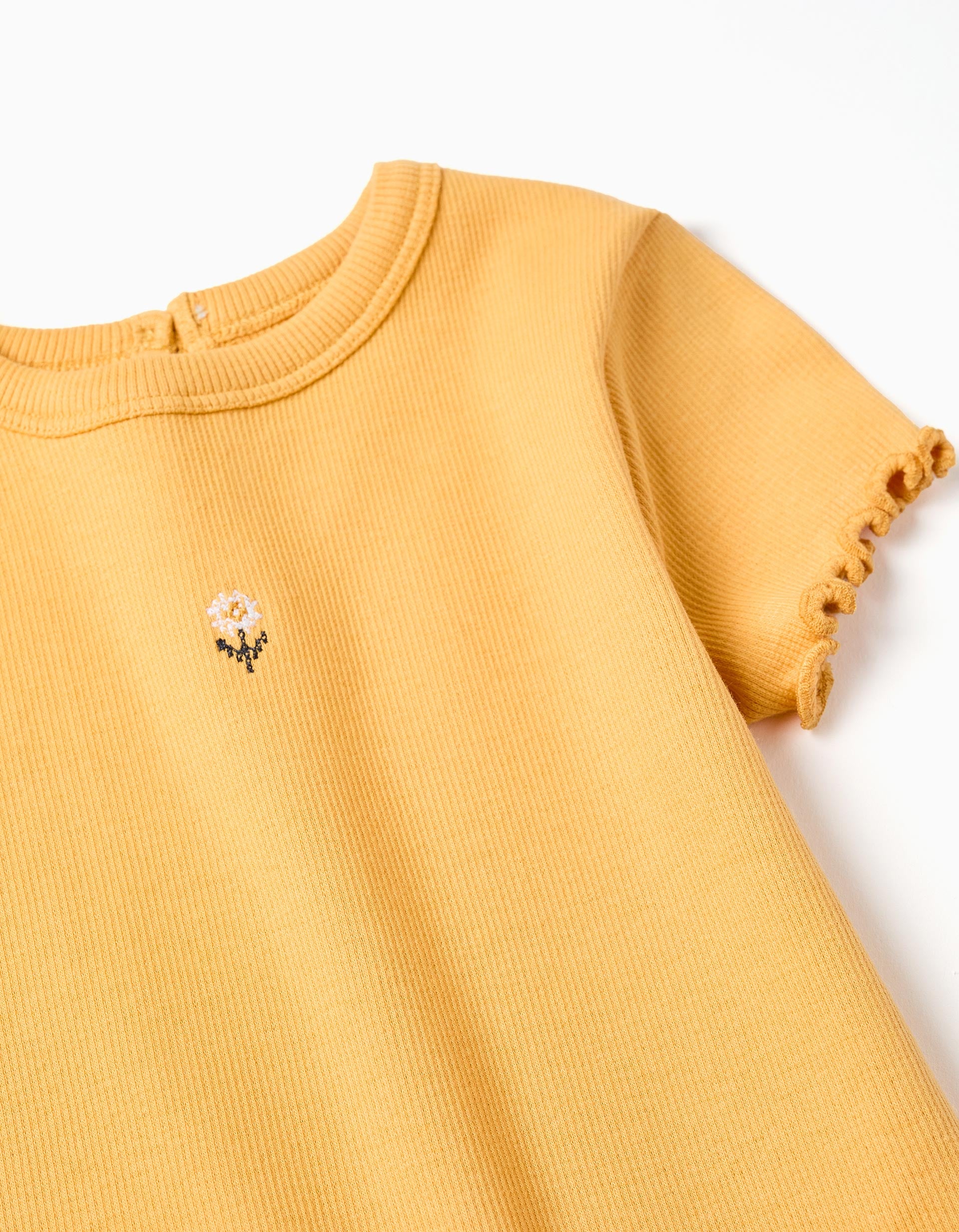 Ribbed T-shirt with embroidered flower for baby girls, orange